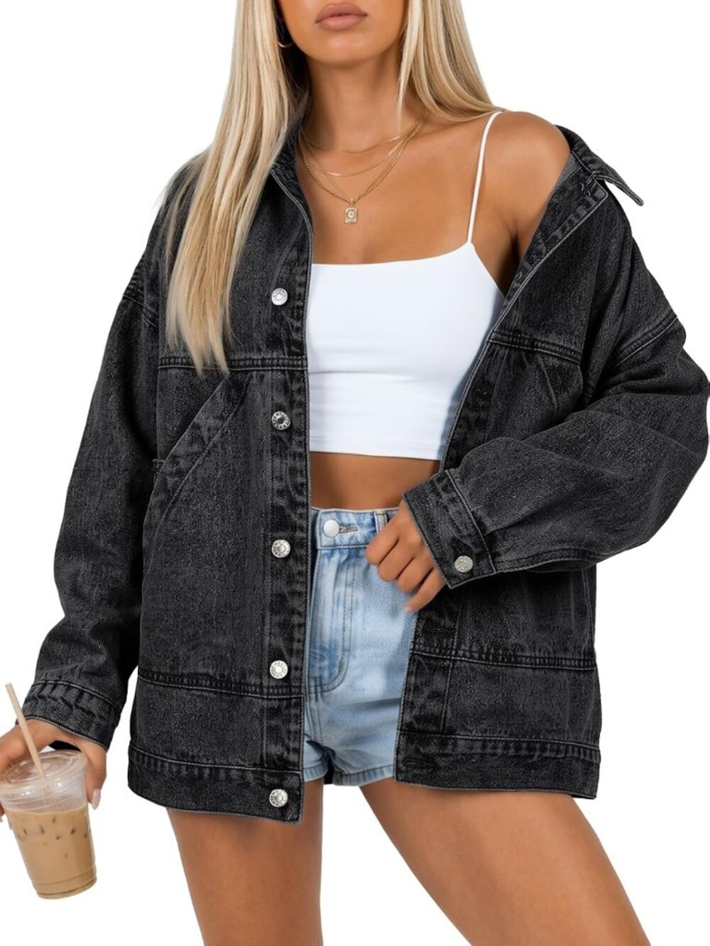 Women’s Black Oversized Boyfriend Denim Loose Fit Coat Pockets Jean Jacket